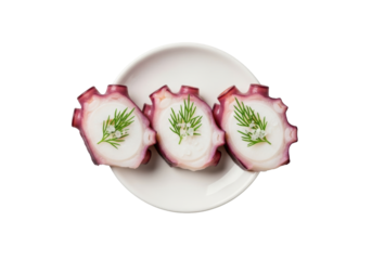 Three cooked octopus slices showing tender meat, vibrant purple skin, garnished with dill and salt on a white plate, isolated on transparent background. Gourmet seafood concept
