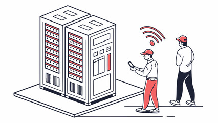 It technicians using smartphone to monitor server racks and wi fi connection in data center