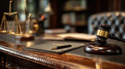 Legal office empty desk with documents gavel scales symbolizes preparation case building consultation strategy law paperwork fairness legal support defense client rights