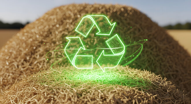 A close-up view of hands working with biomass in a factory setting. A microscope is visible, emphasizing biotechnology and efficiency in recycling processes.