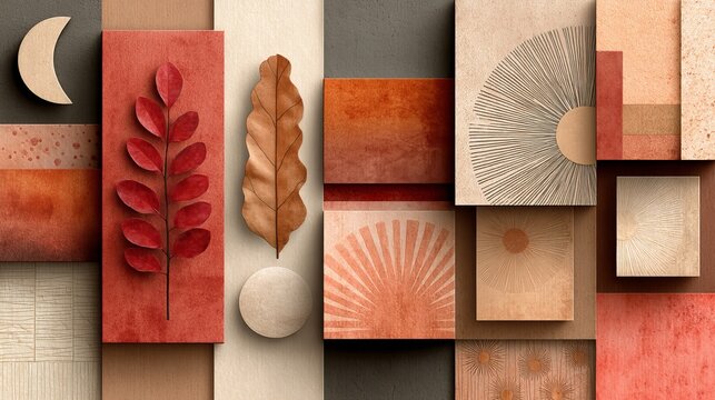 Bohemian-inspired seamless design with a collage of autumn leaves and textured geometric shapes, representing a modern and artistic approach to fall decor and style.