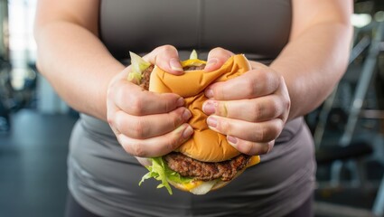 Obraz premium Overweight Person Holding Squeezed Hamburger at Gym Indoor Fitness Center