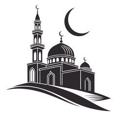 Stylized silhouette of a mosque with minarets and domes under a crescent moon