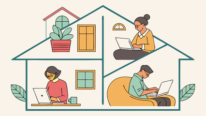 Remote Work Illustration People Working From Home on Laptops Inside House Outline.