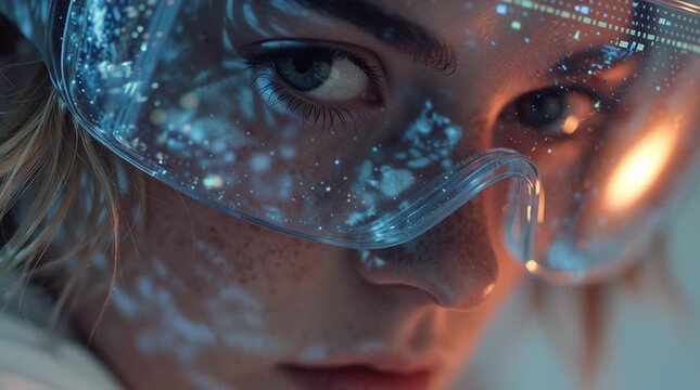 Futuristic portrait of a young woman wearing transparent cyber glasses, neon glow reflections, ultra-realistic face details, sci-fi atmosphere