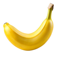 A single ripe yellow banana with a green stem and a brown tip isolated on a transparent background