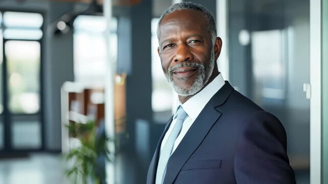 Confident businessman showcasing professionalism and leadership in a contemporary office setting. A perfect image for themes of success and motivation in business environments.