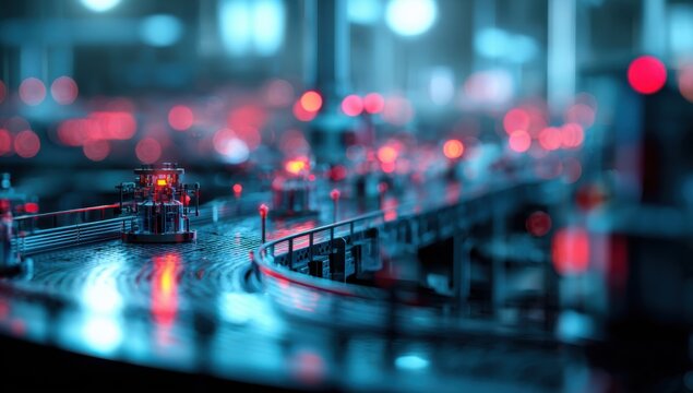 Detailed miniature city model, glowing with vibrant lights