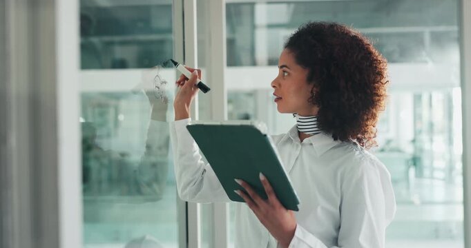 Tablet, glass board or woman in office with idea, mindmap and reading in digital agency. Planning, writing and African person in project management with tech, brainstorming and research for business.