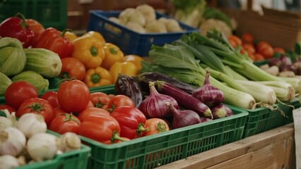 Fresh vegetables displayed in crates at a market stall