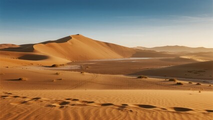 Golden sand dunes stretch across a vast desert under a clear blue sky.