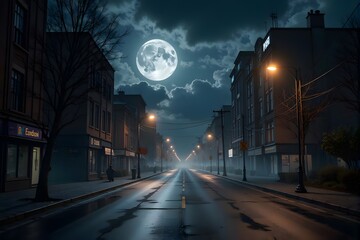 Dark city street under full moon at night.
