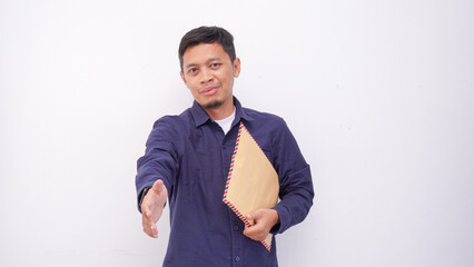 Business man holding brown paper envelopes isolated on white background