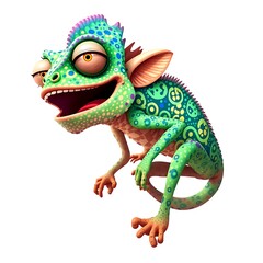 Fototapeta premium Illustration of a cartoon chameleon with a colorful, patterned body and wide smile