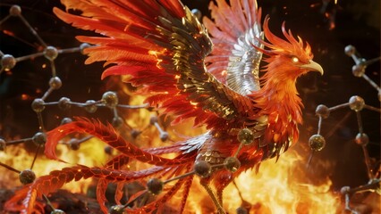 A majestic phoenix rises from flames, surrounded by molecular structures.