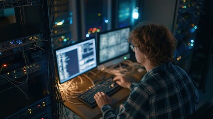Cybersecurity specialist analyzing live network traffic on multiple monitors in a dimly lit server room, cables and blinking lights around