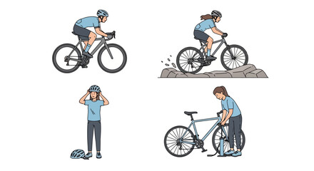 Fototapeta premium Cyclist illustrations showing different types of riding and safety measures for promoting bicycle safety, cycling events, and outdoor recreation campaigns.