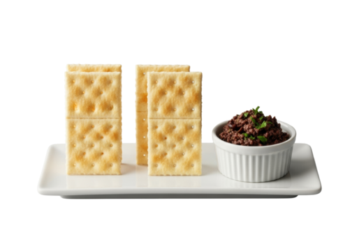 Three pale golden water crackers precisely aligned on a white ceramic plate with an olive tapenade ramekin, soft studio light, gray background, pristine quality food concept