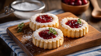 Three jam filled cookies with scalloped edges and red jam centers on wooden board, dusted with powdered sugar. Garnished with herb sprig, berries.