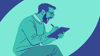 Stylus User Working on Tablet Concentrated Expression Digital Art Illustration.