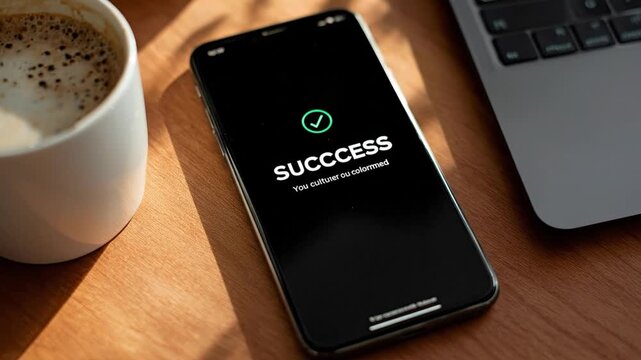 A phone displays SUCCESS with a green checkmark next to a coffee mug and laptop