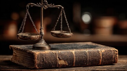Legal scales balanced on old law book in vintage courtroom symbolizes tradition fairness law knowledge ethics accountability governance truth structure responsibility compliance
