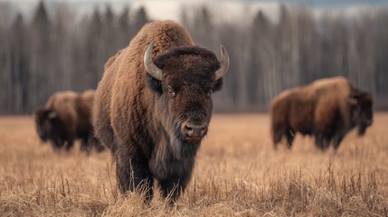 Fototapeta premium Rustic Bison Farm: Exploring the Buffalo Herds of Alberta's Wildlife in Canada