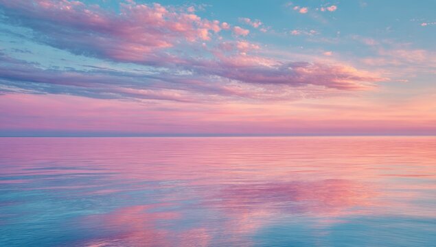 Calm, pink sunset over a tranquil sea. Soft clouds blend into the sky and mirror on the water, creating a serene pastel scene