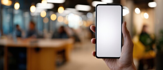 The smartphone held in hand against a blurred modern office background
