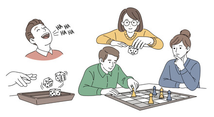 Group of friends enjoying board games and dice games, creating a cheerful and interactive atmosphere for social gatherings and recreational activities