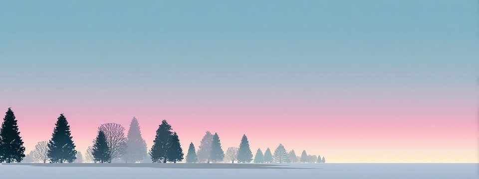 Minimalist winter dusk landscape with tranquil atmosphere featuring a soft pink to pale blue gradient sky with a row of Christmas tree silhouettes against the horizon