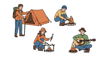 Group of people camping and enjoying nature, setting up a tent, building a fire, cooking, and playing guitar, ideal for promoting outdoor activities and camping equipment