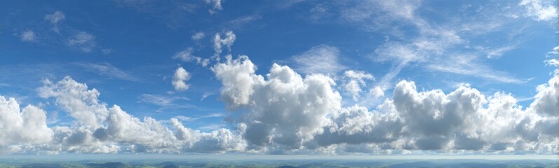 Obraz premium Vast expanse of a vibrant blue sky, dotted with puffy white clouds. A hazy, low-lying landmass is visible in the horizon