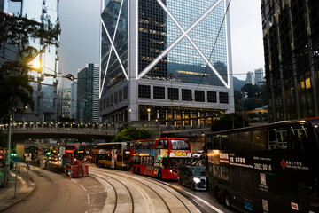 View landscape building skyscraper cityscape house of HongKong city and nightlife and lifestyle local chinese people walking on street night time at traffic road on April 26, 2025 in Hong Kong, China