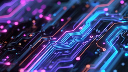Abstract circuit board, glowing neon lines