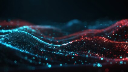 Abstract digital landscape of swirling, textured particles in vibrant teal and coral hues