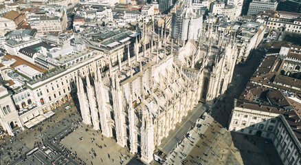 Aerial view of Piazza Duomo in front of the gothic cathedral in the center. Drone view of the...