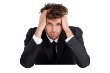 Stressed businessman with hands on head problem solving business failure on transparent background