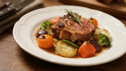 Roasted Lamb with Vegetables and Rosemary Garnish