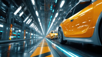 Fototapeta premium Electric vehicle being built by automated robots, conveyor belts moving car chassis, futuristic automotive factory interior