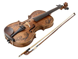 Antique ornate violin and bow on a black background