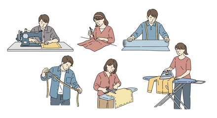 Diverse illustrations of people engaged in various stages of garment creation, ideal for educational materials, instructional guides, or showcasing the craft of tailoring