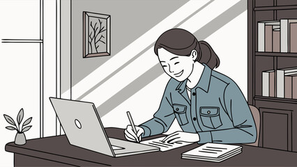 Woman working at home office desk with laptop writing notes illustration happy productive design.