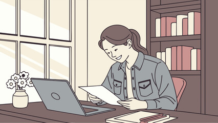 Woman working from home reviewing documents at her desk with laptop.