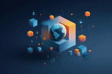Abstract digital globe within a cube-shaped framework surrounded by data elements