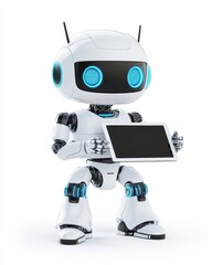 Cute AI Assistant Robot Holding Tablet on White Background.