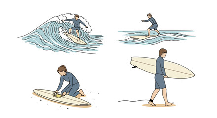Surfing illustration set depicting various stages of the sport and board maintenance, ideal for summer promotions, sport instruction, or travel brochures.