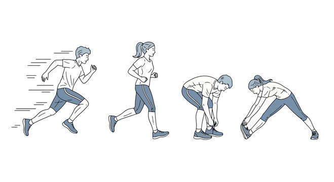 Animated illustrations depicting a man and woman engaged in various stages of running and stretching exercises, suitable for fitness guides and tutorials