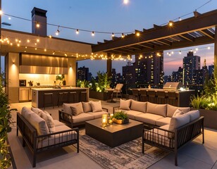 Modern rooftop patio at dusk