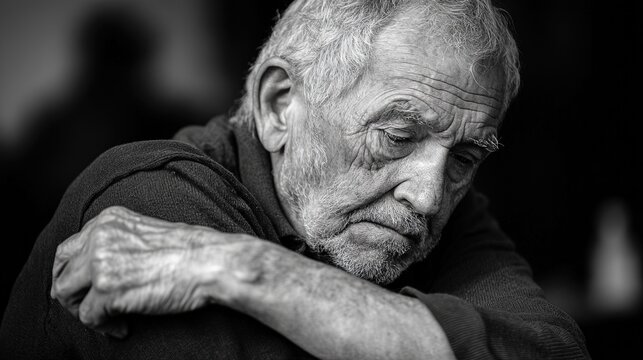 Elderly man stretching his arm after getting an injury.